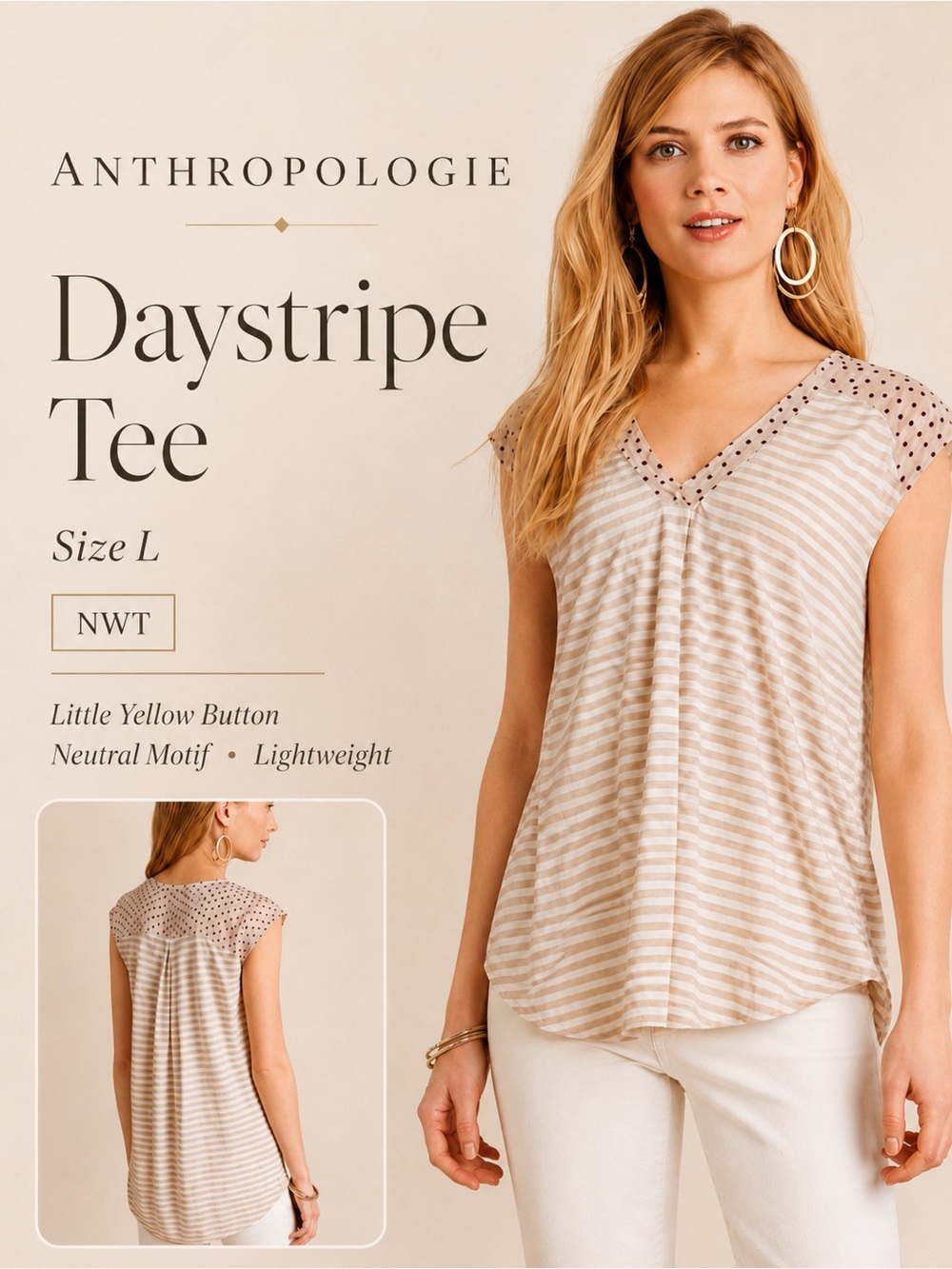 Anthropologie Neutral Beige & White Striped V‑Neck Tee